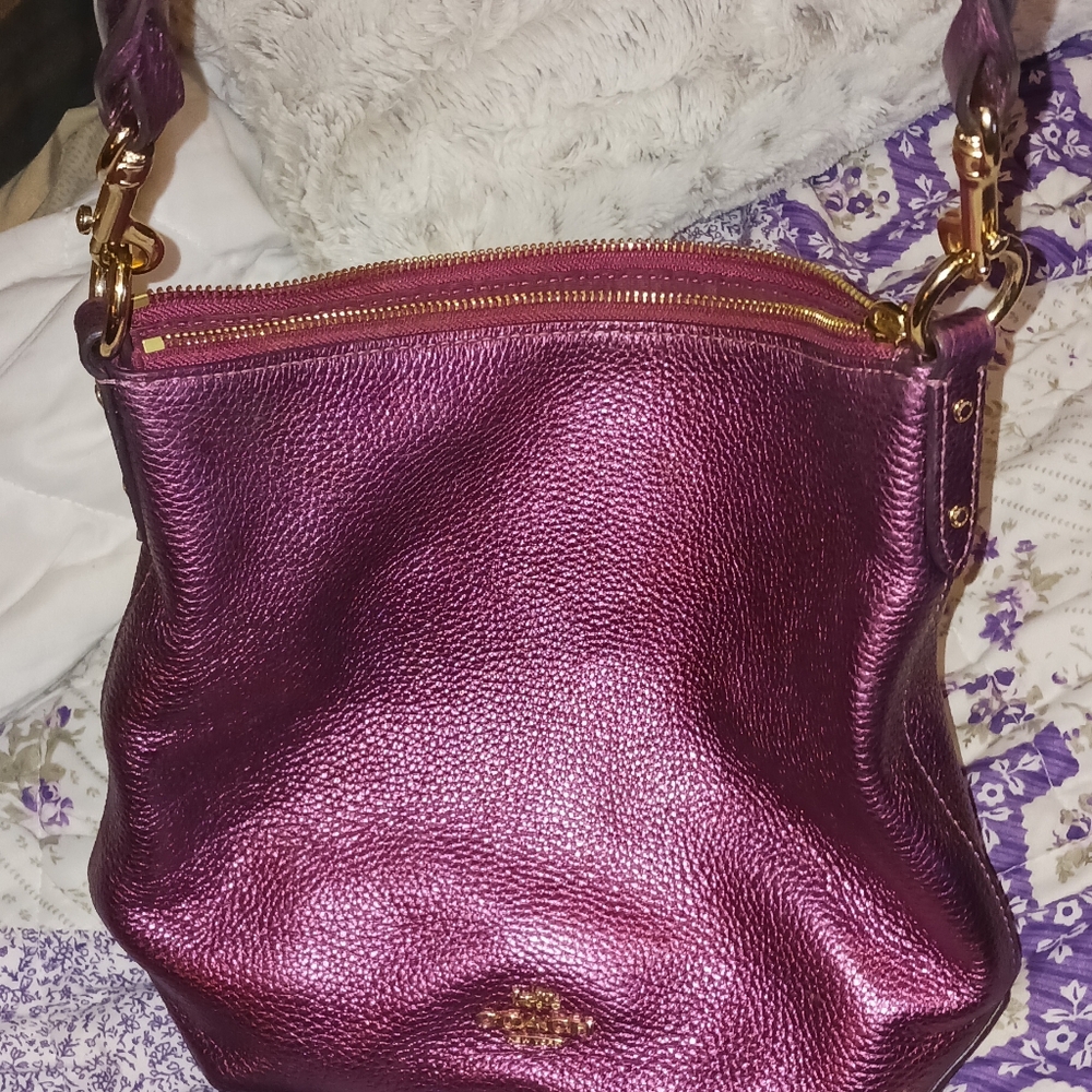Coach Purple Metallic Shoulder Bag with Gold Hardware